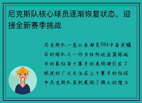 尼克斯队核心球员逐渐恢复状态，迎接全新赛季挑战